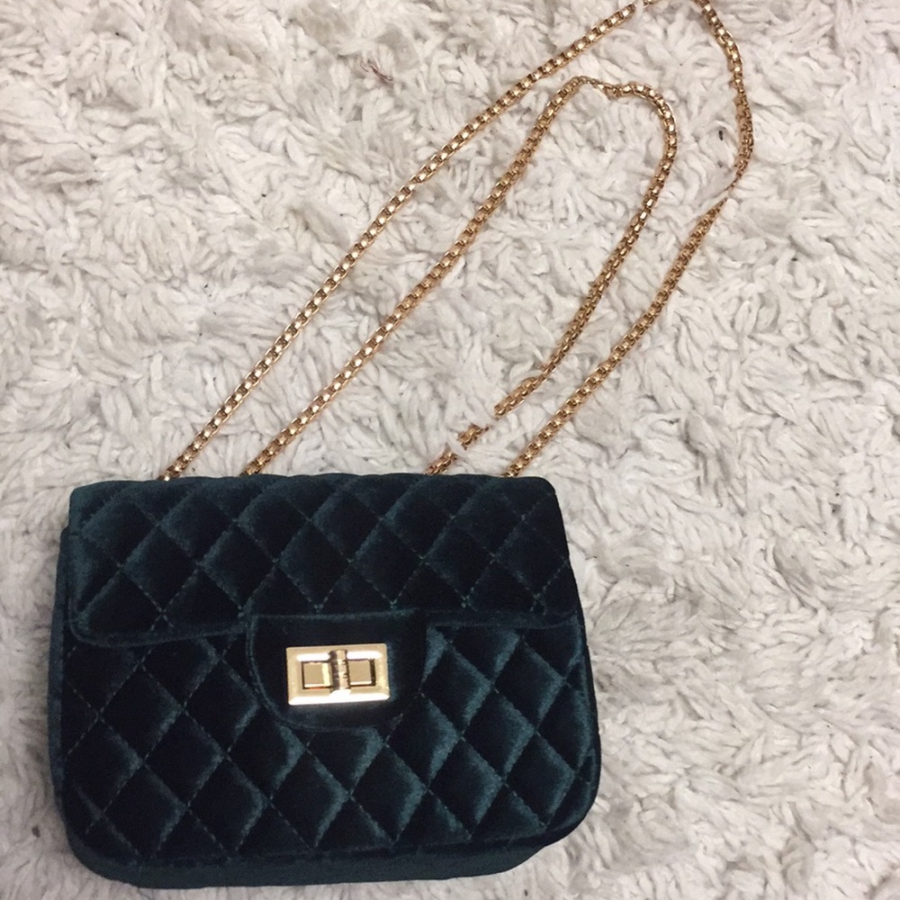 Dark Green Velvet Twist lock  chain bag